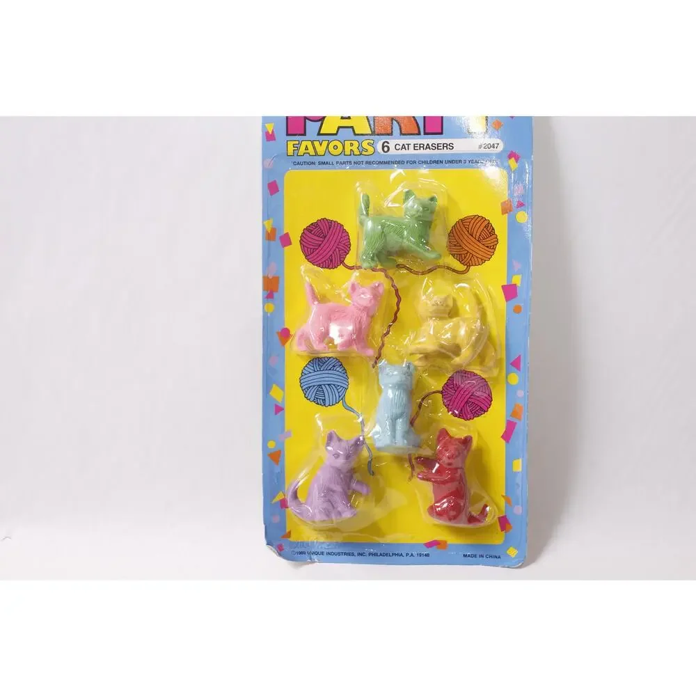 1989 Unique Party Favors 6 Cat Erasers Colorful Kittens PVC Figures ~